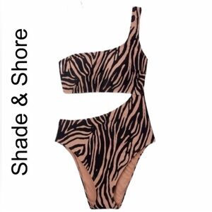 Shade & Shore Women’s One Piece Zebra Print Swimsuit Size Large Brown Black
